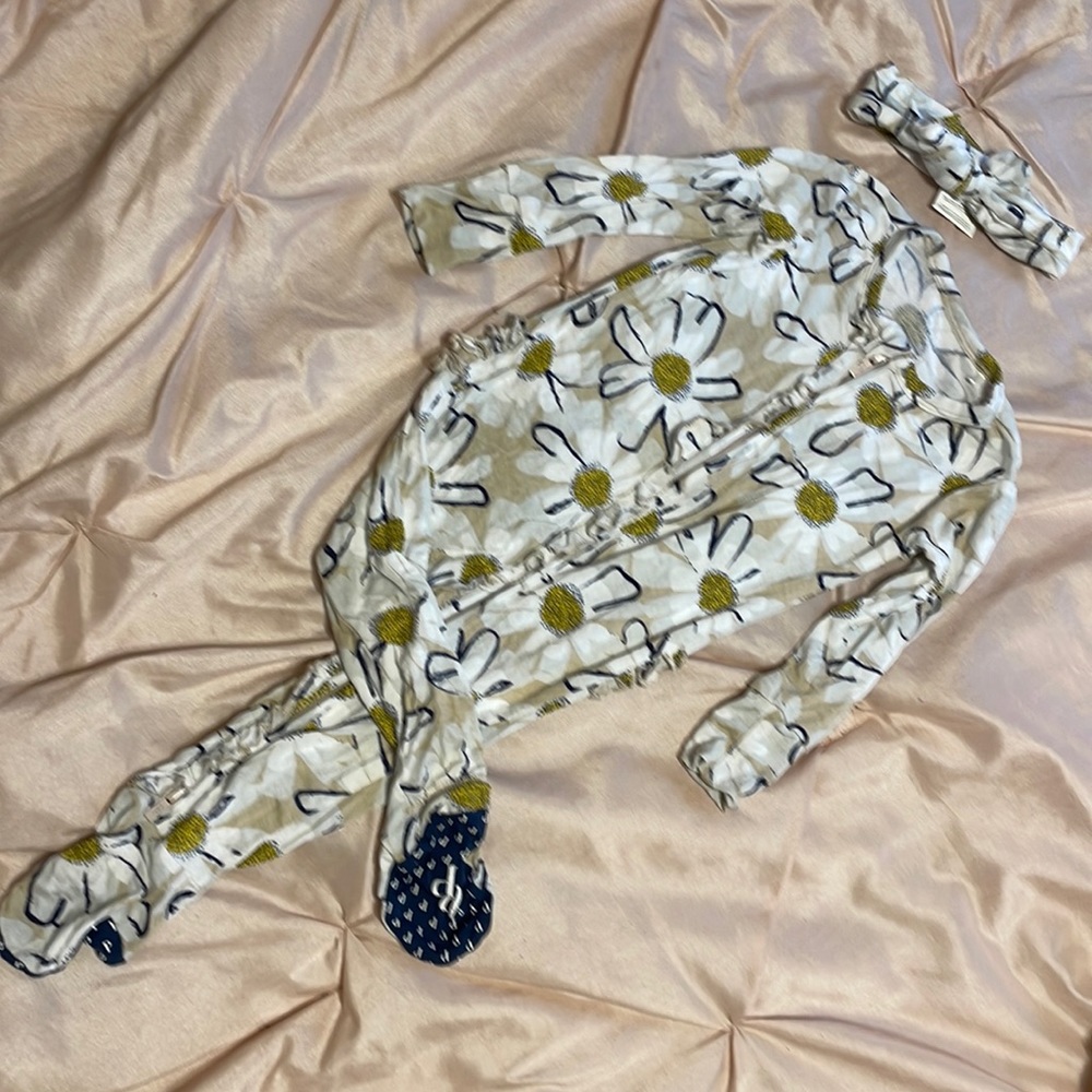 Posh Peanut 9-12 Month Tan White Yellow Navy Floral Bodysuit with Headband